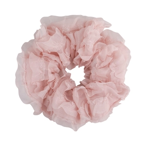 Pink mesh organza oversized scrunchie with layered ruffle pleats for ponytails