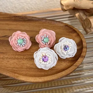Sweet Mesh Flower Stud Earrings For Women Korean Style Elegant Crystal Floral Earrings For Daily Dating Party Jewelry