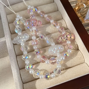 Colorful crystal pearl beaded phone strap with pink bear and cloud charm aesthetic