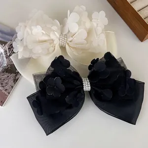 Grande Pince à Cheveux Nœud Avec Fleurs en Maille 3D et Fausses Künstliche Perles Élégante Dentelle Ruban Pince à Ressort Accessoires Cheveux Femmes Style Français
