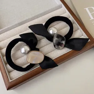 Élastique à Cheveux Élégant Nœud en Satin Noir Avec Künstliche Perle Acétate Marbre Plaque Bandeau Élastique Femmes Accessoires Cheveux