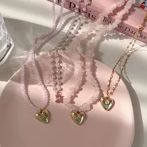 Collier Pendentif Cœur Tulipe Rose Romantique Français Pour Femmes Bijoux En Alliage Vintage Cristal Perles De Verre Gravier Fête