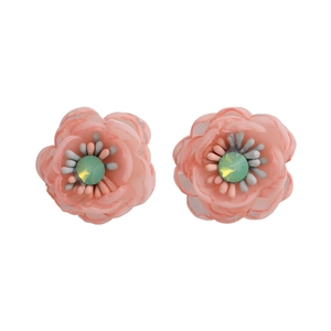 Elegant pink mesh flower earrings with crystal center for women in forest style fashion