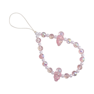 Sweet iridescent crystal pearl phone strap with cute transparent bear charms and pink beads