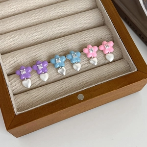 Boucles d'Oreilles Clous Fleur Coeur Pendentif en Cuivre Zircone Émail pour Femmes Filles Quotidien Rencontre Bijoux