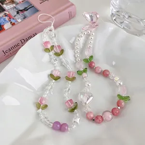 Dragonne de Téléphone Perlée Faite à la Main Fleur de Tulipe Rose Cordon en Résine Acrylique Chaîne Anti-Perte pour Femmes Filles Accessoire Décoratif