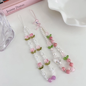 Bijou de téléphone avec tulipes roses, perles et breloques coeur pour femmes
