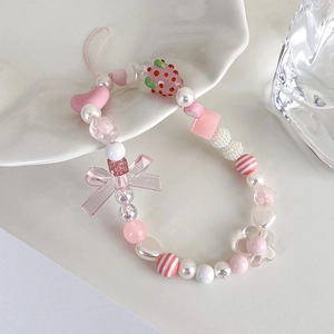 Handmade pink strawberry beaded phone strap with hearts and pearls for girls