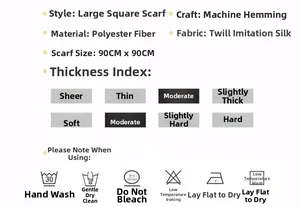 Detailed size and care chart for 90x90cm orange horse print faux silk scarf