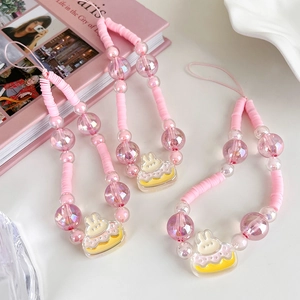 Cute Pink Beaded Phone Lanyard Rabbit Cake Resin Pendant Sweet Cartoon Handmade Phone Strap For Women Girls Phone Decoration