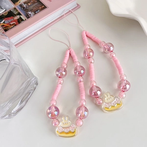 Pink beaded phone charm strap with cartoon rabbit cake pendant and colorful round beads