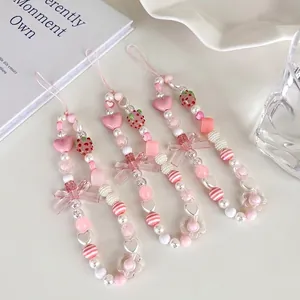 Sweet Pink Resin Beaded Phone Charm Lanyard Strawberry Heart Bow Accessory For Phone Case Women Girls Ins Style Decoration