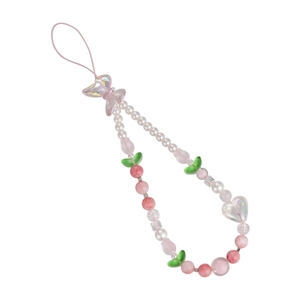 Lanière de téléphone perlée tulipe rose avec breloque cœur irisee et perles