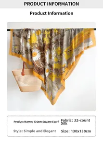 Floral cotton linen scarf 130x130cm with frayed edges hanging next to a straw tote bag