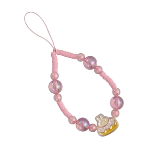 Pink rabbit cake pendant phone strap with colorful beads and clay charms on white background