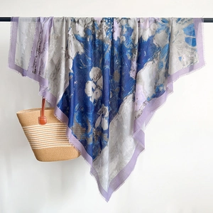 Elegant thick cotton linen scarf with blue purple abstract floral print and frayed edges
