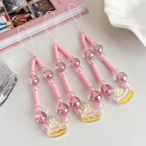 Pink cartoon rabbit cake charms phone straps with colorful beads for women and girls