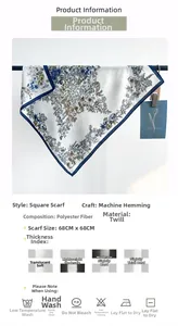 Detail of blue star print square scarf showing herringbone weave and machine-rolled hem