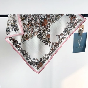 Elegant Polyester Satin Square Scarf For Women Vintage Floral Printed Herringbone Neck Scarf Silk-Like Shawl Fashion Accessory