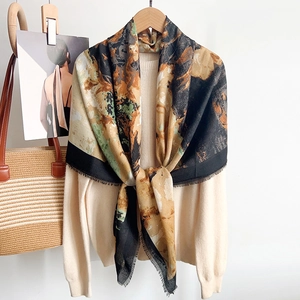 Women Fashion Printed Large Square Scarf Polyester Floral Oil Painting Shawl Wrap With Frayed Edges For Autumn Winter Warm Accessories
