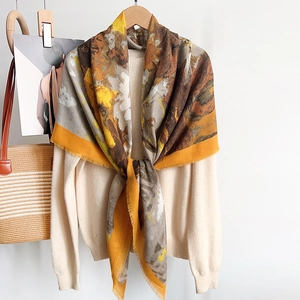 Elegant abstract print cotton linen scarf with tassels on wooden hanger for women