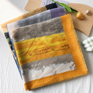 Artistic abstract print linen-cotton winter scarf with fringe details and tassel edges