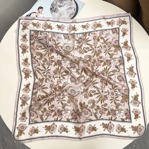 Elegant 100% mulberry silk scarf with blue floral print and polka dot border decor