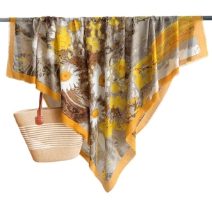 Chic yellow daisy print cotton linen winter scarf with fringe detail and woven bag