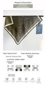 Detail showing vintage paisley and polka dot pattern scarf with product specifications