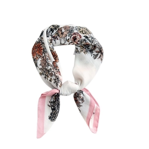 Fashionable floral print small square scarf in soft herringbone silk wool fabric for women