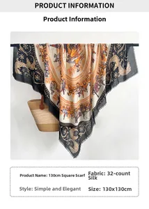 Detail showing elegant horse carriage pattern and fringe edge on 130cm large square scarf