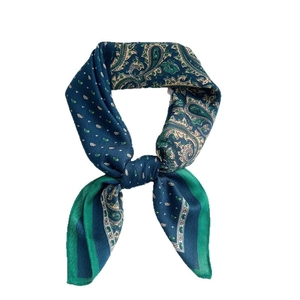 French vintage navy blue and emerald paisley silk square scarf with golden polka dot details
