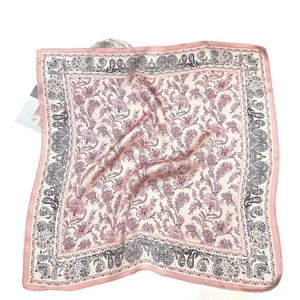 Elegant mulberry silk scarf with blue floral and paisley pattern in pink and white