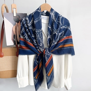 Navy blue nautical rope print cotton linen scarf with elegant fringe trim for women