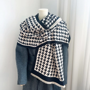 Classic Houndstooth Jacquard Scarf For Women Winter Thick Warm Imitation Cashmere Shawl With Tassels Long Pashmina Wrap