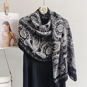 Retro paisley cotton linen feel scarf shawl in black and white with elegant drape
