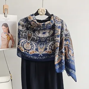 Navy paisley cotton linen long scarf and fashionable shawl for women in autumn style