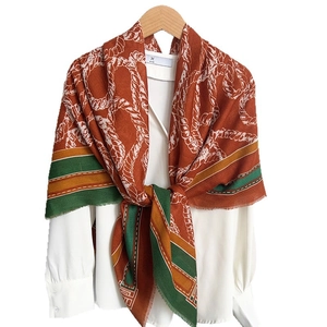 Retro vintage print shawl with rope tassel pattern in warm earthy stripes for women