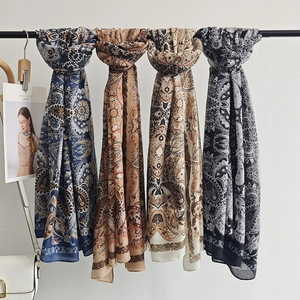 Bohemian paisley print scarves in navy, brown, beige and grey with soft linen feel