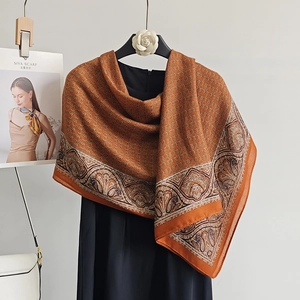 Elegant paisley totem printed cotton linen scarf for women in caramel and orange tones