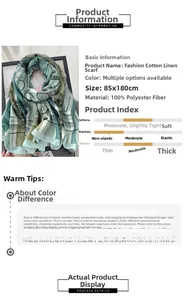 Detailed size specifications for a green floral cotton linen feel scarf, 85x180cm