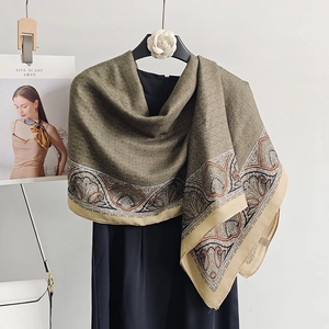Bohemian linen cotton scarf with paisley ethnic patterns and caramel brown floral print