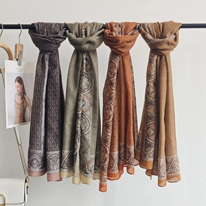 Ethnic paisley cotton linen scarves for women in four vintage colors with tassels