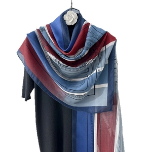 Elegant oversized geometric cotton-linen scarf with floral patterns in blue and burgundy