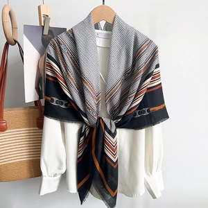 Elegant chain pattern cotton linen scarf with tassels in black, orange and white