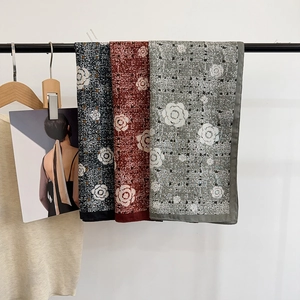 Elegant camellia floral silk wool scarf in navy blue, brick red and grey-green colors