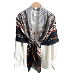 Old Money style cotton linen shawl scarf with chain print, stripes and fringe edges