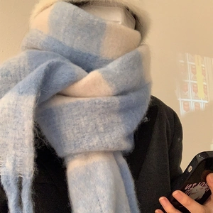 Winter blue and white plaid scarf with fringe, cozy thick wrap for cold weather styling