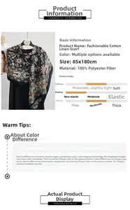 Detailed specs of floral polyester scarf featuring vintage paisley print size 85x180cm