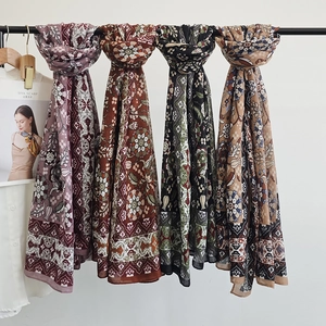 Ethnic paisley print long scarf pashmina in purple brown and olive green bohemian patterns